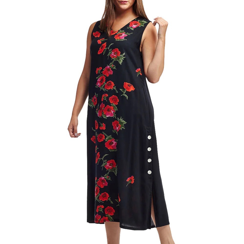 Sleeveless Black Dress‎ with Red Floral Accents XL